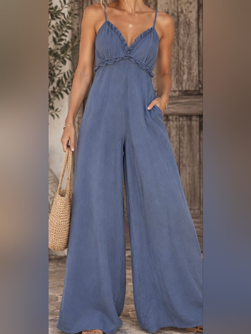 LaBiz Blue Wide Leg Jumpsuit Ruffle Bust Spaghetti Strap Boho Cottagecore NWT